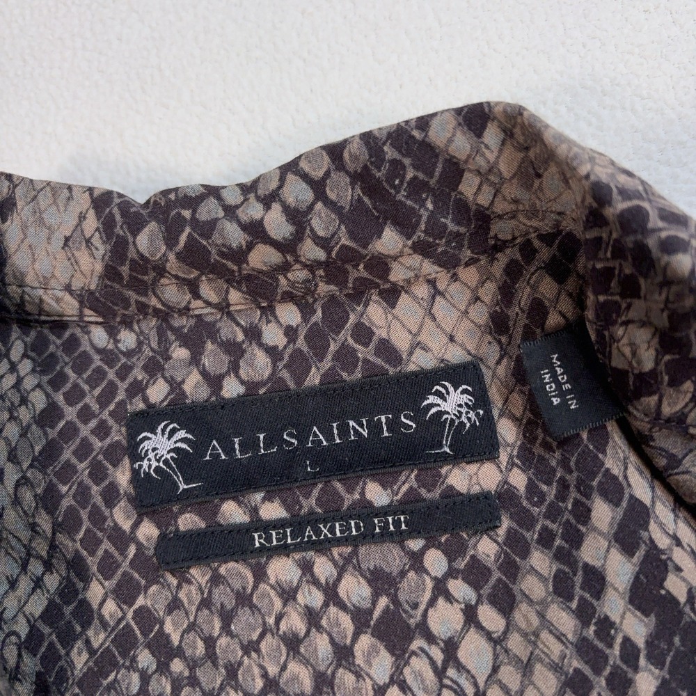 AllSaints Rattle Shirt Men's L Brown Snake Skin Relaxed Fit Viscose Loop Collar - Picture 3 of 13